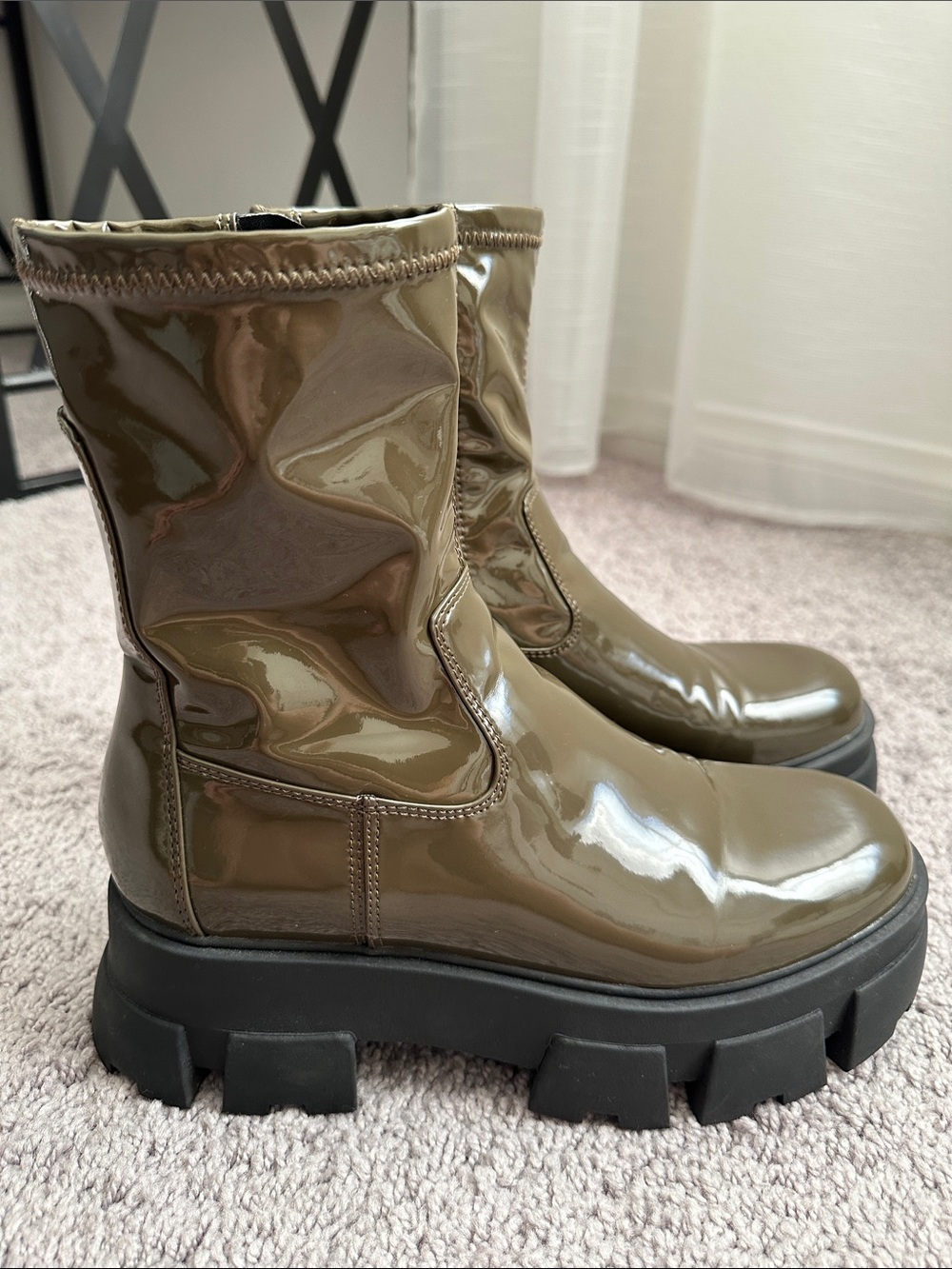 Aldo Olive Patent Chunky Lug Mid-Calf Boots